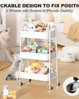 EAGMAK 3 Tier Rolling Cart Under Desk, Large Metal Storage Cart with Handle and Lockable Wheels, Big Multifunctional Storage Organizer Trolley for Kitchen, Living Room, Office, Garage (White)