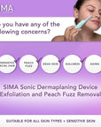 SPA SCIENCES - SIMA Patented Dermaplane Razor for Women Face – Painless 2-in-1 Facial Exfoliation & Peach Fuzz Hair Removal – Anti-Aging – 3 Speeds – Rechargeable – 7 Weeks Treatment