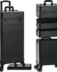 Profesional Rolling Makeup Train Case with Lid, 5 in 1 Cosmetology Case on Wheels, Large Cosmetic Trolley Organizer Travel for Hairstylist Artist Nail Beauty Salon Barber, Black