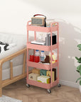 Sywhitta 4-Tier Plastic Rolling Utility Cart with Handle, Multi-Functional Storage Trolley for Office, Living Room, Kitchen, Movable Storage Organizer with Wheels, Pink