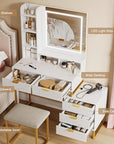 GarveeHome Makeup Vanity Desk with Mirror and Lights, Vanity Table with 5 Drawers, Vanity Set with Stool and Removable Side Storage Cabinet for Bedroom, White & Gold