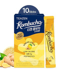 TEAZEN Lemon Ginger Hot Kombucha Tea, Spice Tea, Live Probiotics & Postbiotics, Relaxation and Warmth for Colds and Sore Throat, Hydration Drink Mix, Sugar Free, 10 Sticks, 1.76oz