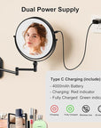 9" Wall Mounted Lighted Makeup Mirror,4000mAh Rechargeable Double Sided 1X/10X Magnifying Mirror with Light,3 Color Lights,Touch Dimmable,Extended Arm 360 Rotation Wall Mounted Makeup Mirror