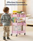 YASONIC 3-Tier Metal Rolling Cart, Heavy Duty Utility Cart with Lockable Wheels, Hanging Cups, Hooks, Mesh Rolling Storage Cart Craft Organizer, Lightweight and Sturdy, Pink