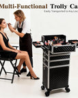 5 in 1 Rolling Makeup Train Case Professional Cosmetic Trolley Large Storage Organizer on Wheels for Hairstylist Artist Nail Beauty Salon Barber Black