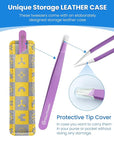 Expert Slant Tip Tweezers with Leather Case, GlamTweeler Sharp & Precision Stainless Steel Tweezer for Eyebrows, Facial Hair and Fine Hairs Removal (Violet)
