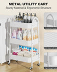 EAGMAK 3 Tier Rolling Cart Under Desk, Large Metal Storage Cart with Handle and Lockable Wheels, Big Multifunctional Storage Organizer Trolley for Kitchen, Living Room, Office, Garage (White)