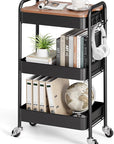 TOOLF 3-Tier Rolling Cart with Table Top, Metal Storage Cart on Wheels, Utility Organizer with Wooden Tray, Lockable Casters, Easy Assembly for Bathroom, Living Room, Office, Kitchen, Black