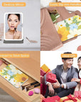 Rechargeable Travel Lighted Makeup Mirror with PU Leather Cover, Portable Travel Makeup Mirror with Lights, 3 Color Lighting,Touch Sensor Dimmable, Light Up Tabletop Cosmetic Mirror Folding Flower