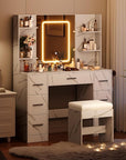 Vanity Desk with Mirror, Stool, Touch LED Light and Power Outlet Makeup Vanity Table with 7 Drawers and 6 Storage Shelves Dressing Table for Bedroom Dressing Room