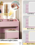 LIKIMIO Small Makeup Vanity Desk with Mirror and Lights, Vanity Table Set with Storage Drawer, Chair and Three Shelves, Bedroom, Pink