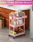Goovilla 3 Tier Rolling Utility Cart Organizer with Removable Drawer, Stable and Sturdy Pink Rolling Storage Carts with 2 Lockable Wheels for Bathroom, Kitchen, Snack, Craft, Makeup, Baby Essentials
