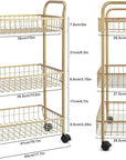 3 Tier Mesh Rolling Utility Cart, Gold Metal Organization Cart with Lockable Wheels, Multifunctional Storage Trolley Service Cart for Kitchen Living Room Office Salon