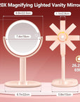 MIYADIVA Makeup Mirror with Lights,20X Magnifying Mirror with Light and Touch Switch,Vanity Mirror with 3 Color Light and 80 LEDs,2-Sided Lighted Magnified Mirrors 8.8 Inches, Pink