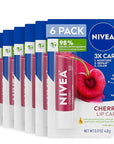 NIVEA Cherry Lip Care, Tinted Lip Balm with Shea Butter, Nourishing Oils and Vitamin C & E, 3-in-1 Moisture, Repair (for Dry Lips) and Color, 0.17 Oz Stick (Pack of 6)