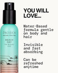 Pacifica Beach Day Hair Mist Perfume & Full Body Spray for Women - Body Mist Fragrance w/Bergamot, Orange Flower, Sandalwood, Amber, Musk & Suede Leather – Clean Beauty Alcohol-Free, Vegan 5 oz