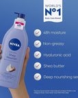 NIVEA Shea Nourish Body Lotion for Dry Skin with Hyaluronic Acid, Shea Butter and Deep Nourishing Serum, 48-Hour Body Moisturizer, 16.9 Fl Oz Pump Bottle