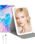 Rechargeable Travel Lighted Makeup Mirror with PU Leather Cover, Portable Travel Makeup Mirror with Lights, 3 Color Lighting,Touch Sensor Dimmable, Light Up Tabletop Folding Cosmetic Mirror Colorful