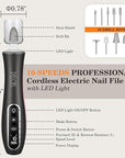 PELCAS Electric Nail Drills, Professional Cordless Nail File Kit With Light, 10 Speeds Manicure & Pedicure Kit For Human, Pet, Thick Toenails, Natural & Acrylic Nails Grey