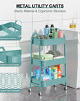 EAGMAK 3 Tier Utility Rolling Cart, Metal Storage Cart with Handle and Lockable Wheels, Multifunctional Storage Organizer Trolley with Mesh Baskets for Kitchen, Living Room, Office, Garage (Green)