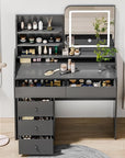 Makeup Vanity Desk with LED Mirror & Movable Storage Cabinet, 3-Tier Open Shelves, 5 Drawers, Adjustable 3-Color Lighting for Bedroom
