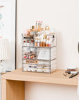 Yieach 3 Pack Clear Makeup Organizer Countertop for Dresser,Vanity and Bathroom Counter Organizer,Tiered Stackable Makeup Acrylic Organizers with 9 Drawer for Skincare,Brush and Make up Holders