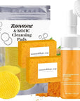 Turmeric Wash and Care 3 Piece Set, Turmeric Trio: Kojic Soap Bar/Facial Pads/Face Cleansing Wash with Brush, Jabon de Curcuma, Tumeric Soap Facial Cleaner Skincare Three Set for Face & Body (A)