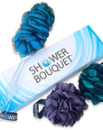 SHOWER BOUQUET Loofah-Charcoal Back-Scrubber & Bath-Sponge Color-Set // 1 Long-Handle-Back-Brush plus 2 Extra Large 75g Soft Mesh Loofa Lufa Loufa Poufs, Men & Women - Exfoliate with Full Pure Cleanse
