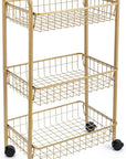 3 Tier Mesh Rolling Utility Cart, Gold Metal Organization Cart with Lockable Wheels, Multifunctional Storage Trolley Service Cart for Kitchen Living Room Office Salon