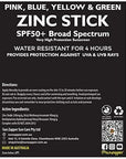Sun Zapper Zinc Oxide Mineral Sunscreen Stick (Pink, Blue, Green, Yellow) SPF 50+ Water Resistant for Face & Body, Adults, Kids, 4-Pack Broad Spectrum Sun Block, Made in Australia