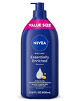NIVEA Essentially Enriched Body Lotion for Very Dry Skin with Hyaluronic Acid, Almond Oil and Deep Nourishing Serum, 72-Hour Body Moisturizer, 33.8 Fl Oz Value Size Pump Bottle