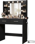Furmax Make up Vanity Desk with Mirror and Power Outlet, Vanity with 3 Color Light Options Adjustable Brightness,Vanity Desk with 2 Drawers, 6 Storage Shelves (Black, No Bench)