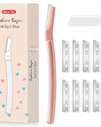 Dermaplane razor for women with 10 replaceable blades, dermaplaning tool for facial peach fuzz, eyebrows, exfoliation, and also suitable for shaving men beards, Rose Gold