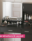MIRROTOWEL Vanity Desk with LED Light Mirror, Dressing Table with Large Drawer & 3-Tier Storage, Adjustable Brightness 3 Lighting Modes, Modern Makeup Desk for Bedroom, Bathroom, or Living Room
