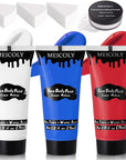 MEICOLY Red White Blue Face Body Paint with Setting Powder and Sponges,Water Based Face Paint for Halloween SFX Clown Devil Spiderman Cosplay Makeup,4th of July Body Paint