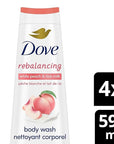 Dove Body Wash Rebalancing White Peach & Rice Milk, 4 Count for Renewed, Healthy Looking Skin, Moisturizing Gentle Skin Cleanser with 24hr Renewing MicroMoisture, 20 oz