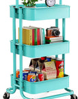 Pipishell 3 Tier Mesh Utility Cart, Rolling Metal Organization Cart with Handle and Lockable Wheels, Multifunctional Storage Shelves for Kitchen Living Room Office Turquoise