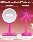 MIYADIVA Makeup Mirror with Lights, 20X Magnifying Mirror with Light and Touch Switch, 2-Sided Vanity Mirror with 3 Color and 80 LEDs, Hot Pink
