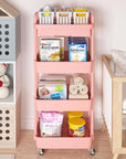 Calmootey 4-Tier Rolling Utility Cart with Drawer,Multifunctional Storage Organizer with Plastic Shelf & Metal Wheel,Storage Cart for Kitchen,Bathroom,Living Room,Office,Pink