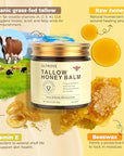 Beef Tallow and Honey Balm for Skin, Natural Face + Body Moisturizer with Organic Grass-Fed Beef Tallow & Raw Wild Honey for Dry & Sensitive Skin, 4.23oz
