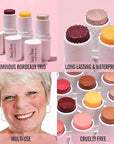 KIMUSE Cosmetics Multi Stick Trio, Cream Blush Stick, Highlighter Stick & Moisturizer, 3 Pack Makeup Sticks for Older Women & Mature Skin (Luminous Bordeaux Trio)