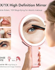 LitBear Travel Makeup Mirror with Lights, Rechargeable Double-Sided 10X/1X Magnifying Mirror, Portable Lighted Beauty Mirror, 3 Color Lighting, Dimmable Touch Screen, Tabletop Handhold Hanging (Pink)