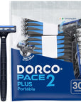 Dorco Pace 2 Plus Disposable Razor, 2 Blades, Pivoting Head, Open-Flow for Easy Rinsing, Lubricating Strip, Non-Slip Rubber Handle (30ct)
