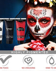 MEICOLY Black White Red Face Body Paint with Setting Powder and Sponges,Clown White Devil Joker Face Paint Makeup,Waterbased Body Paint,Halloween Face Painting for Vampire Skeleton Spiderman