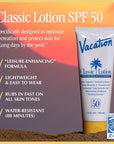 Vacation Classic Sunscreen Lotion SPF 50 3-Pack, Water Resistant Broad Spectrum Sunscreen Sun Block, Vegan Sun Tanning Lotion, Body Lotion with SPF, Travel Size Sunscreen, 3.4 fl. Oz. (Pack of 3)