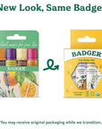 Badger Classic Organic Lip Balm Set - Yellow Box, Light Silky Long Lasting Lip Moisturizer Gift Set, All Natural Lip Balm Variety Pack Lip Set (Tangerine, Lavender Orange, Vanilla, Grapefruit), 4 pack