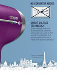 Conair Hair Dryer, Worldwide Travel Hair Dryer with Smart Voltage Technology and Folding Handle, Includes Diffuser and Concentrator, Purple