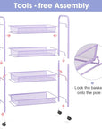 TOOLF 4-Tier Rolling Cart, Metal Utility Cart with 3 Hooks, Easy Assemble Mobile Storage Trolley On Wheels, Metal Shelving Units Kitchen Bathroom Laundry Room