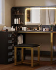 DWVO Vanity Desk with LED Lighted Mirror and 3 Lighting Modes, L-Shaped Corner Vanity, 48" Large Dressing Table with 5 Tempered Glass Drawers with Open Storage Shelves Vanity Table, Black