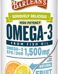 Barlean's Citrus Sorbet High Potency Omega 3 Fish Oil Liquid Supplement, 1500mg of EPA & DHA Fatty Acid, Smoothie Flavored & Burpless for Brain, Joint, & Heart Health, 16 oz